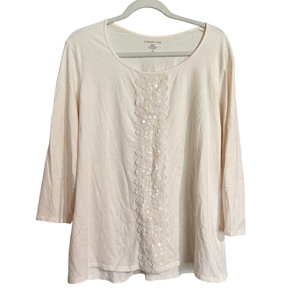 Plus Size Coldwater Creek Ivory Embellished Cotton Spandex Blend T-Shirt Size 2X